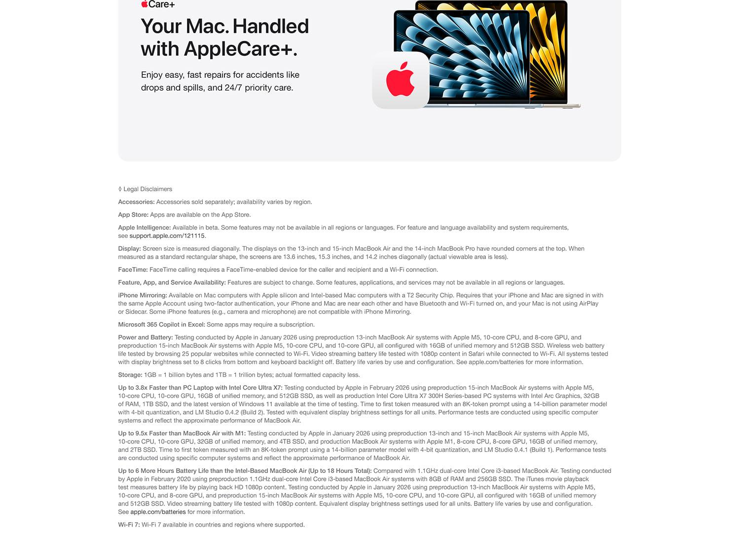MacBook Air with M5 feature section showing Liquid Retina display quality, Center Stage camera features, and Mac plus iPhone continuity with an iPhone mirrored beside a MacBook displaying creative work.